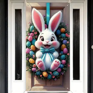 2D Easter Door Banner with Rabbit Egg Wreath Design, Colorful Eggs & Plants, Durable Polyester Fiber Holiday Decoration, Decorative Banner, Party Decoration
