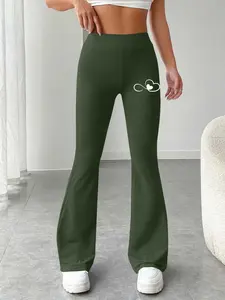 Romantic heart Graphic Printed Spring Autumn Women's Fashion Casual Lightweight Slim Light Fit Flare Leg Pants, High Waist Elastic Waist Long Regular Trousers, Womenswear