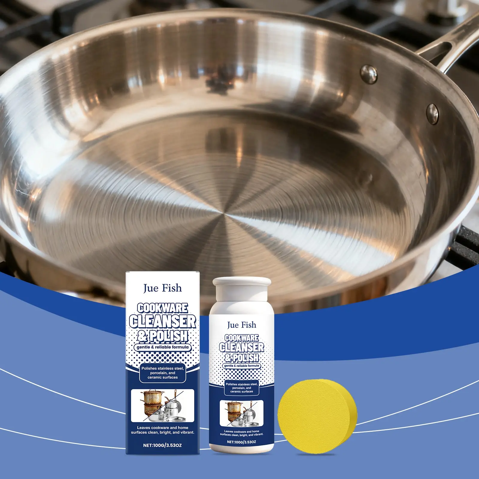Jue Fish Kitchen Cleaning Polish Powder, Deep Cleaning Multi-Surface Pot & Countertop Cleaner, Easy Rinse Home Maintenance, Stainless Steel Polish
