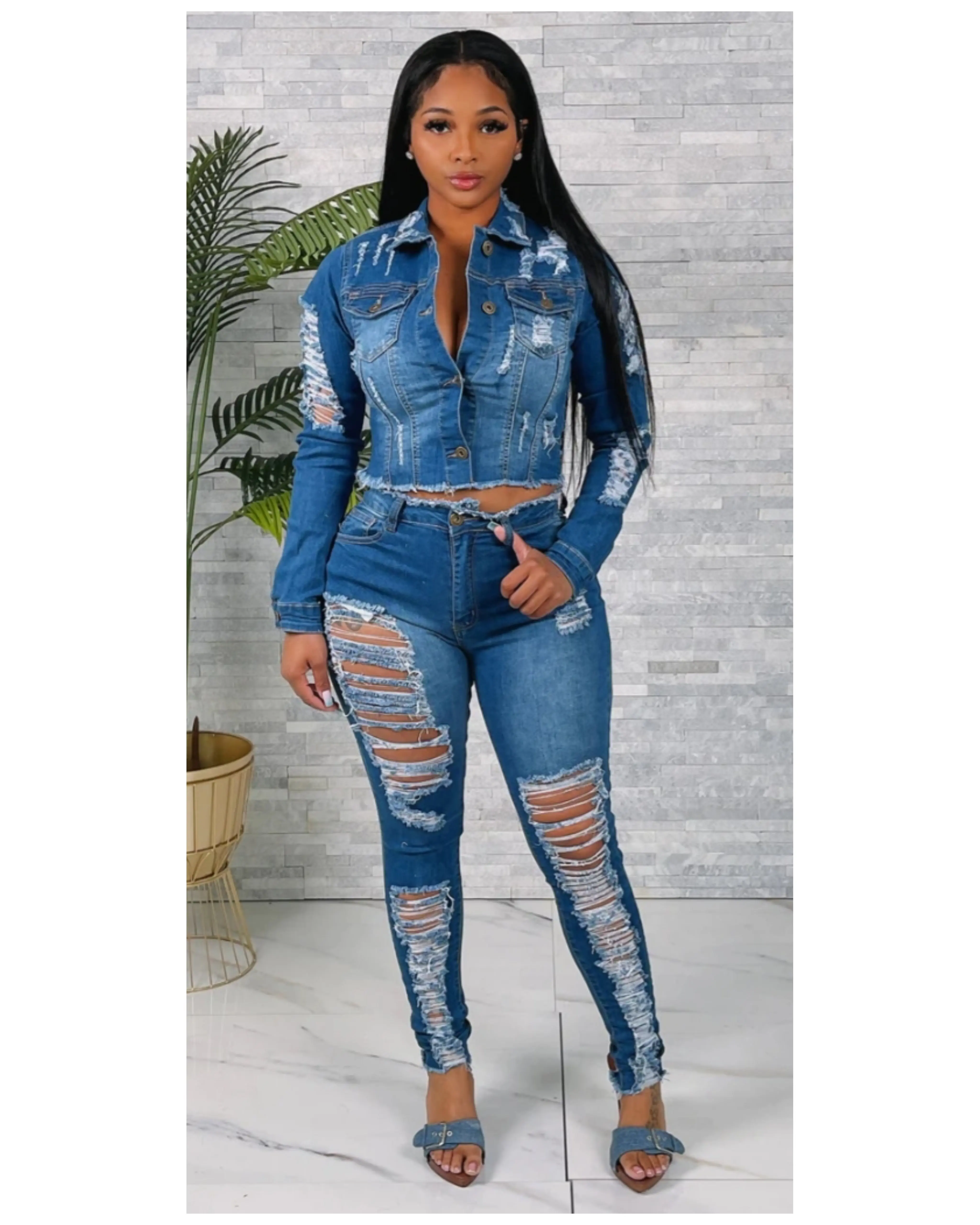 Heavy distressed jacket and pants set