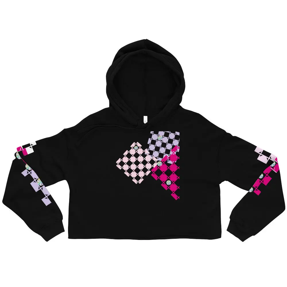Happy Coach  Checker Print Black Crop Hoodie Fabric Fleece