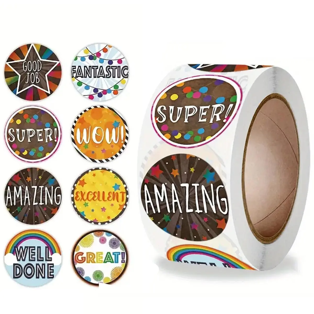 500PCS 1 Inch Reward Adhesive Decorative Assorted Stickers with 8 Designs, Perfect for Teachers Parents and Classroom Activities, Encouraging Kids Learning Stickers, Stickers Included