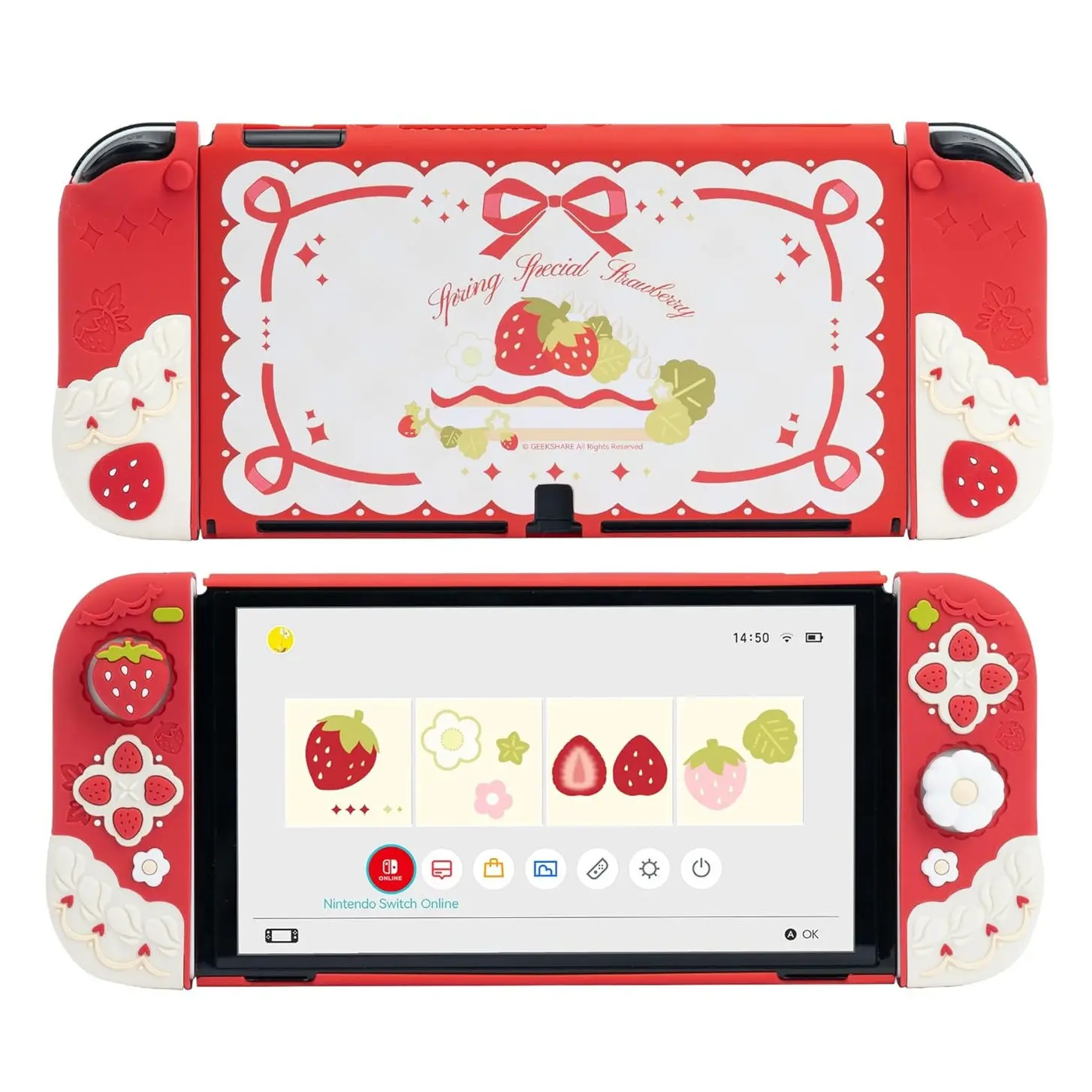 GeekShare Protective Case for Switch Slim Cover Case Compatible with Switch Separable Soft Silicone Protective Shell for Joysticks with 2 Thumb Grip Caps- Strawberries with Cream