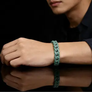 Natural A-grade Jadeite Bean Green Cuban Chain Bracelet Jade Titanium Steel Hip-hop Style Personality Unisex Trendy Jewelry