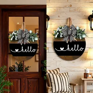 Classic Hello Sign Door Wreath, Wooden Floral Decor with Striped Bow, Flowers & Greenery, Easy Mount for Home & Restaurant Entrance, Door Hanging Sign, Home Decor Products