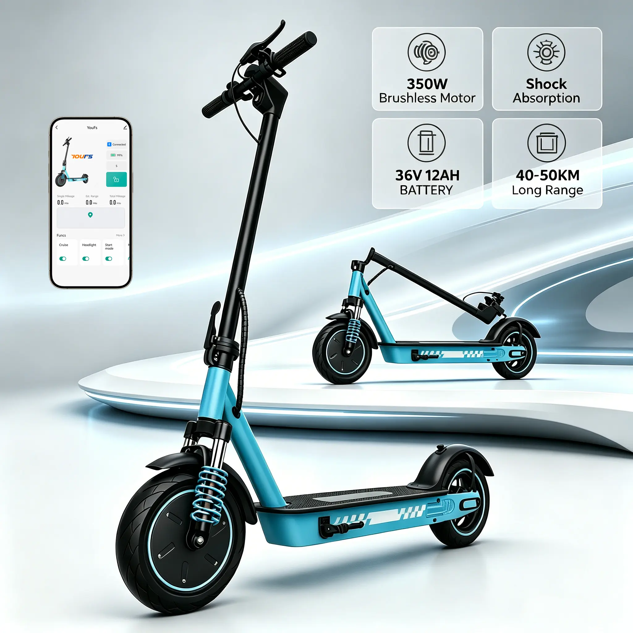 Cute Pastel Blue D9 Pro Foldable Electric Scooter, Dual Shock Absorption, 36V 12AH Battery, 19MPH Top Speed Smart APP Control Commuter E Scooter