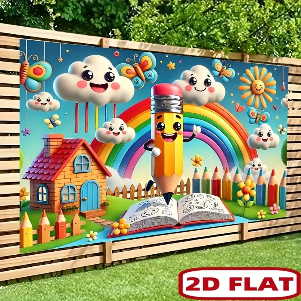 1PC Polyester Reusable 2D Flat Cartoon Rainbow Pencil Book Theme Photo Backdrop Banner, Party Decoration Supplies, Children's Birthday Event Hanging Cloth, Classroom Decor, Banners