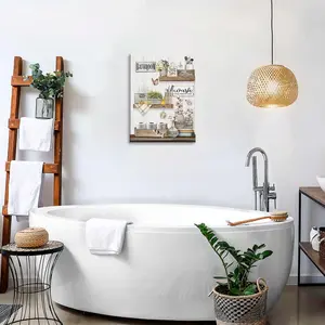 1pc,Rustic Farmhouse Bathroom Decor Canvas Wall Art - Shiplap Wood Shelves with Inspirational Signs, Cotton Stems, & Greenery. Perfect for Restroom or Washroom Relaxation.