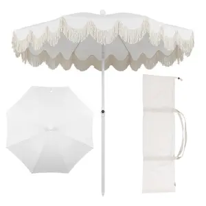 Mariner 6.5 ft. Classic Cottage Fringe Tassel Market Beach Umbrella with Scallop Edge & Cream Fringe White Canvas Sturdy Iron Frame Tilt Feature Portable Bag Included