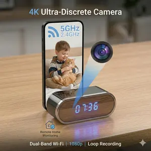 Camera with smart digital clock and dual-band WiFi (5 GHz and 2.4 GHz) | Home security system and real-time monitoring