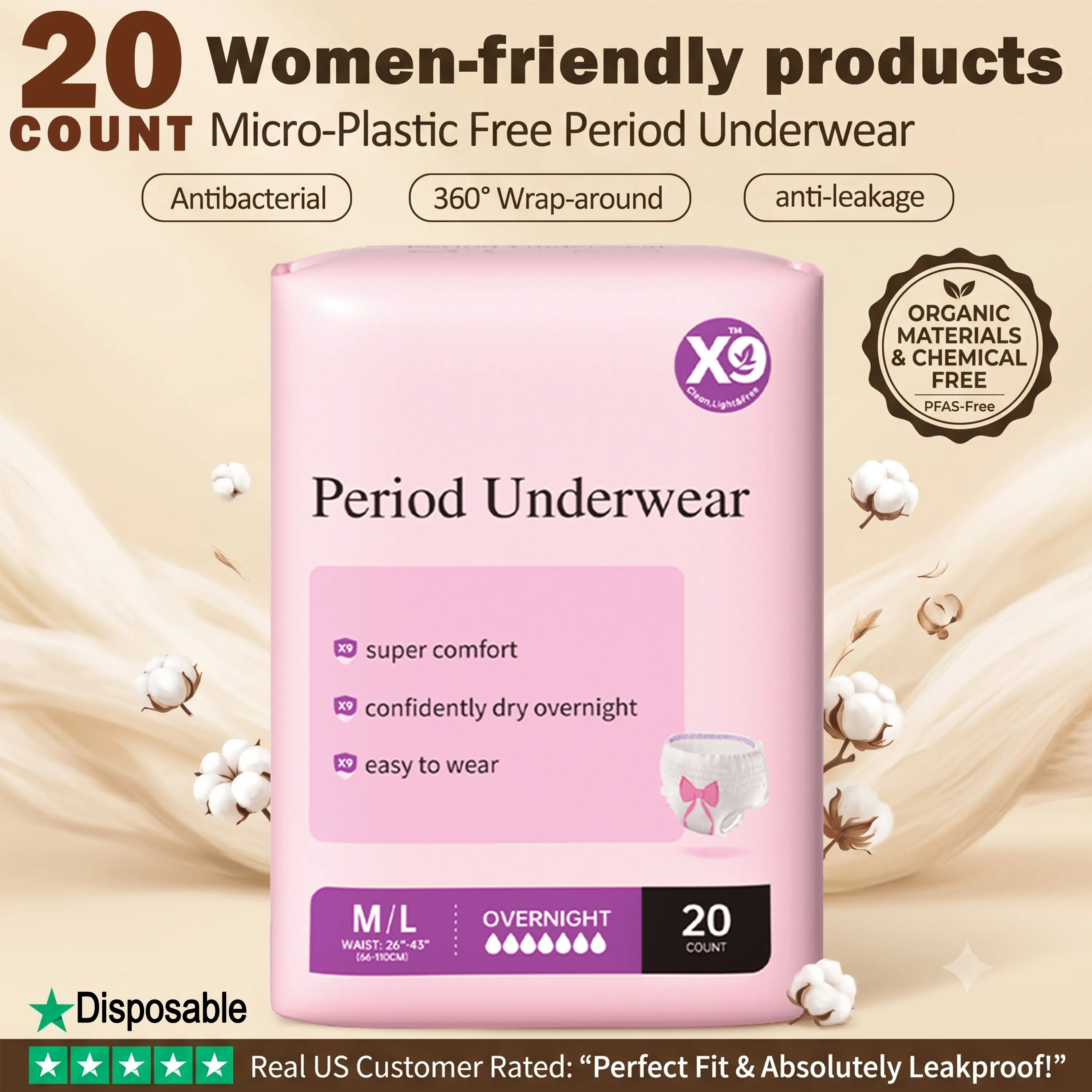 X9 Disposable Period Underwear, 20 Count, High-Waist Menstrual Pants for Overnight & Postpartum Protection, Maximum Absorbency, Hypoallergenic, Unscented, PFAS-Free