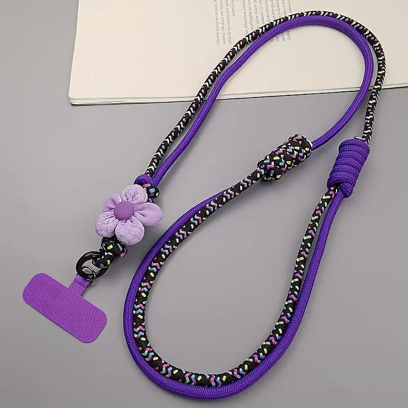 Handmade Floral Adjustable Crossbody Smartphone Lanyard - Purple, Multicolor Braided Nylon Strap, Durable Mobile Accessory for Outdoor Use Phone Case Hanging, Accessories, Multicolor Braids