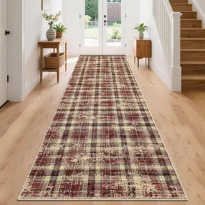Washable Rugs 2x10 Runner Rug Modern Plaid Bathroom Rugs Non Slip Kitchen Runner Low Pile Entryway Rug Soft Runners Stain Resistant Carpet for Laundry Hallway Bedside 2'x10' Red