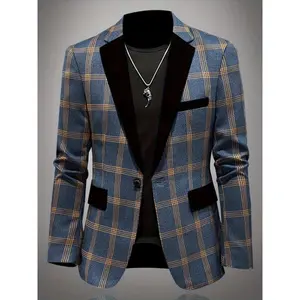 Men's Fashion Plaid Slim Fit Blazer, Button Closure, Long Sleeve, Regular Length, Casual Style Menswear Suits Formal Wetsuit business casual outfits Checked Navy Blue