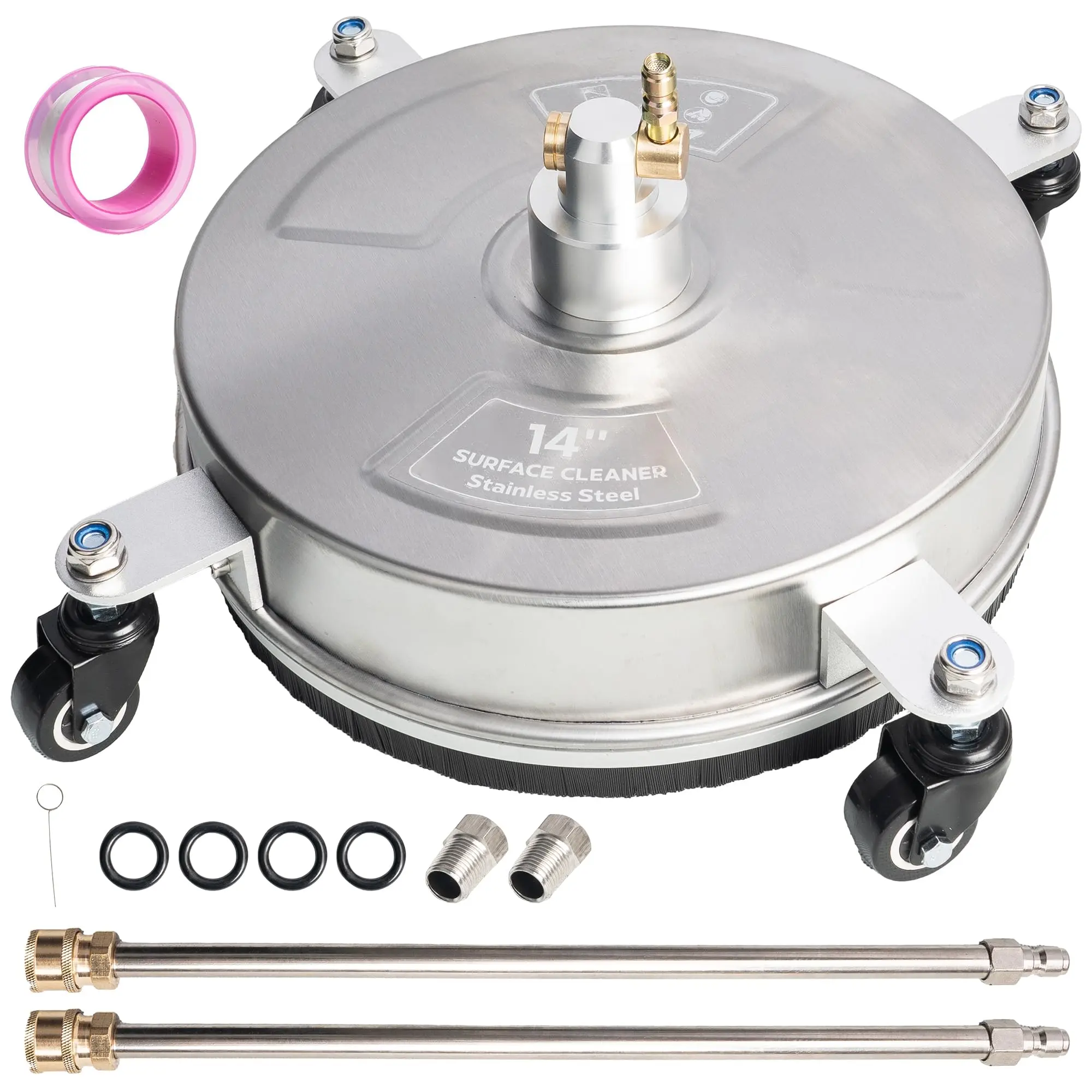 Pressure Washer Surface Cleaner, Stainless Steel Surface Cleaner with 4 Wheels for Driveways, Pathway, Sidewalks, Patios, Decks, with 3/8" Quick Connector Kit Hose Industrial