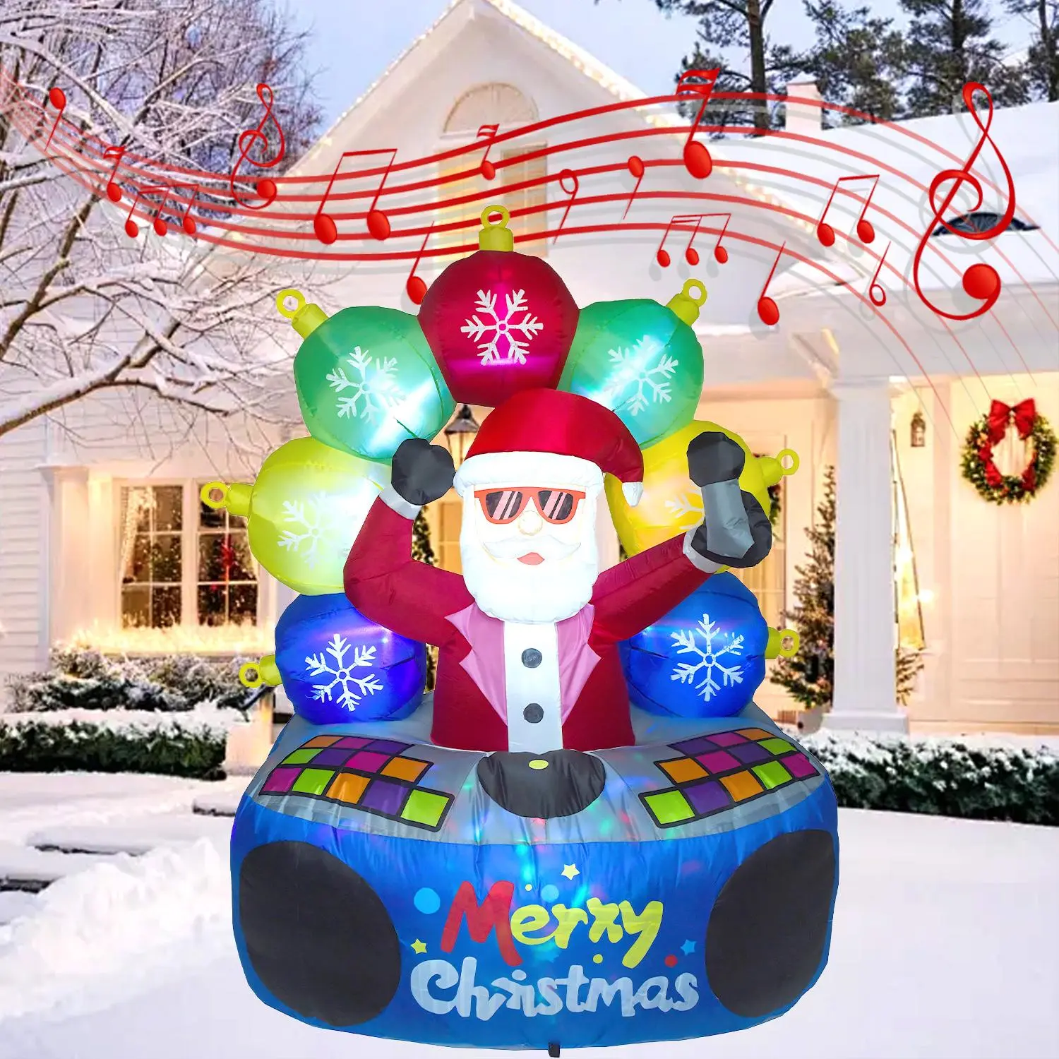 6 FT Christmas Inflatables DJ Santa Outdoor Decorations with Rotating LED, DJ Santa Claus with Music, Color-Changing Flashing LED, Christmas Blow up Yard Decoration for Garden Lawn Patio Holiday Decor