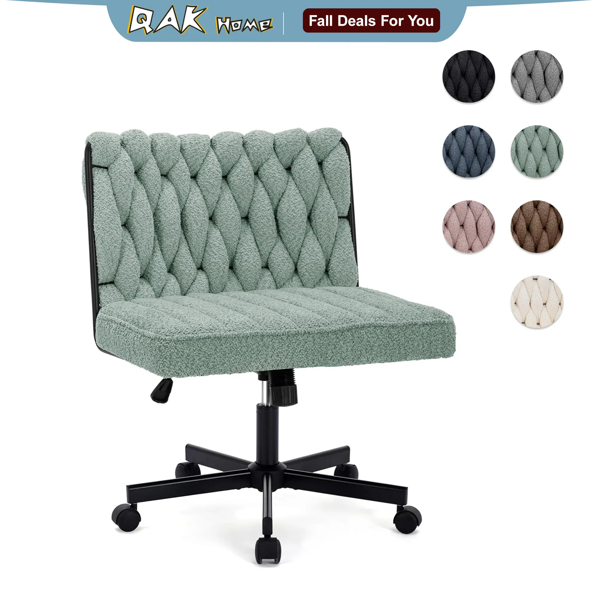 QAK Criss Cross Legged Office Desk Chair with Wheels, Modern Armless Desk Chair with WideSeat, Home Office Chair for Work, Meditation,Vanity