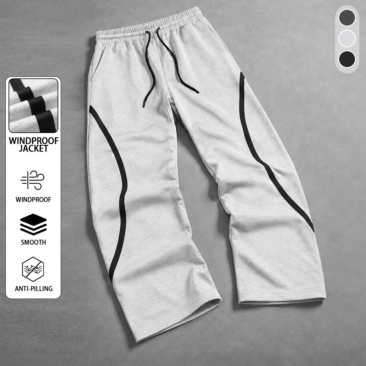 Men’s American street-style joggers with side stripes | Ash gray drawstring casual athletic pants, high-street trendy curved-line straight-leg design