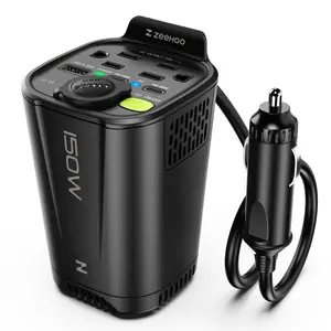 ZEEHOO 150W Car Power Inverter, 12V DC to 110V AC Car Plug Adapter Outlet Converter, with 2 AC Outlets, 18W USB-A and Dual 30W Farst Charge PD Car Charger, Cup Holder Power Inverter ,Perfect for Laptops ,Phones ,iphone 16 15 14 &More on the Go- Black