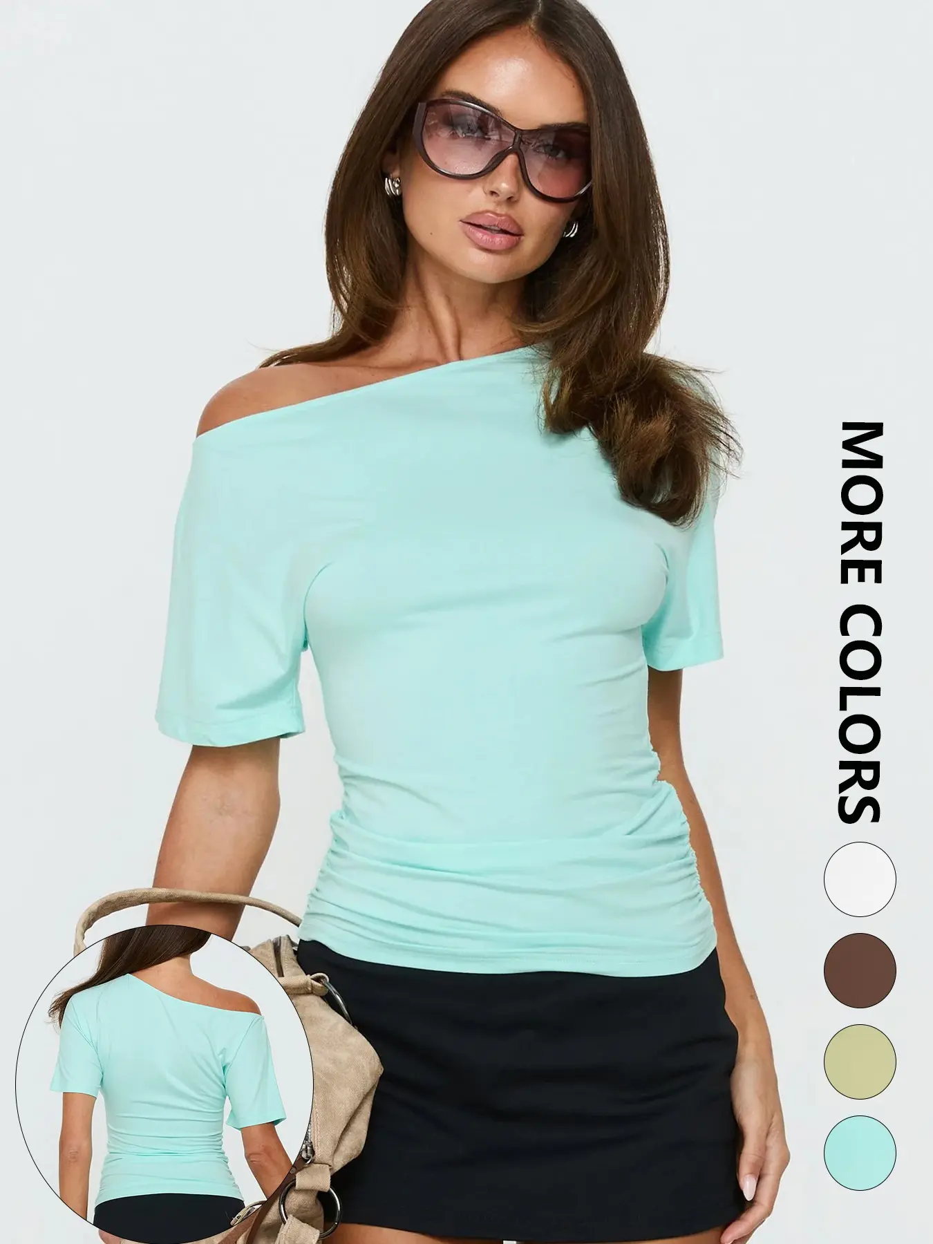 Women's Solid Ruched Asymmetric Neck T-Shirt, Fashion Short Sleeve Slim Fit Tee, Basic Versatile Casual Chic Streetwear Top, Summer Elegant Women's Top