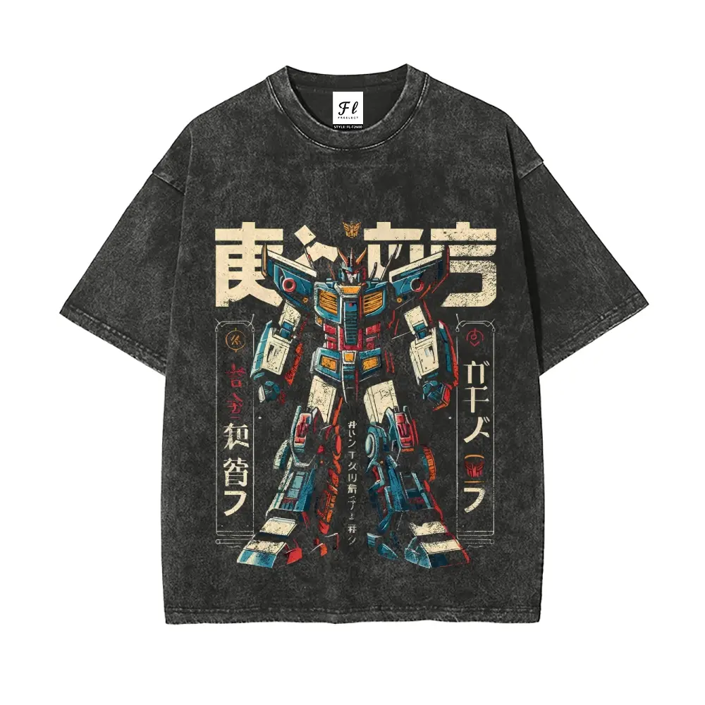 Retro Japanese robot T-shirt, washed vintage anime American-style T-shirt - Retro style, 100% cotton fabric, made in the USA, dark comic street style, loose A-line fit.