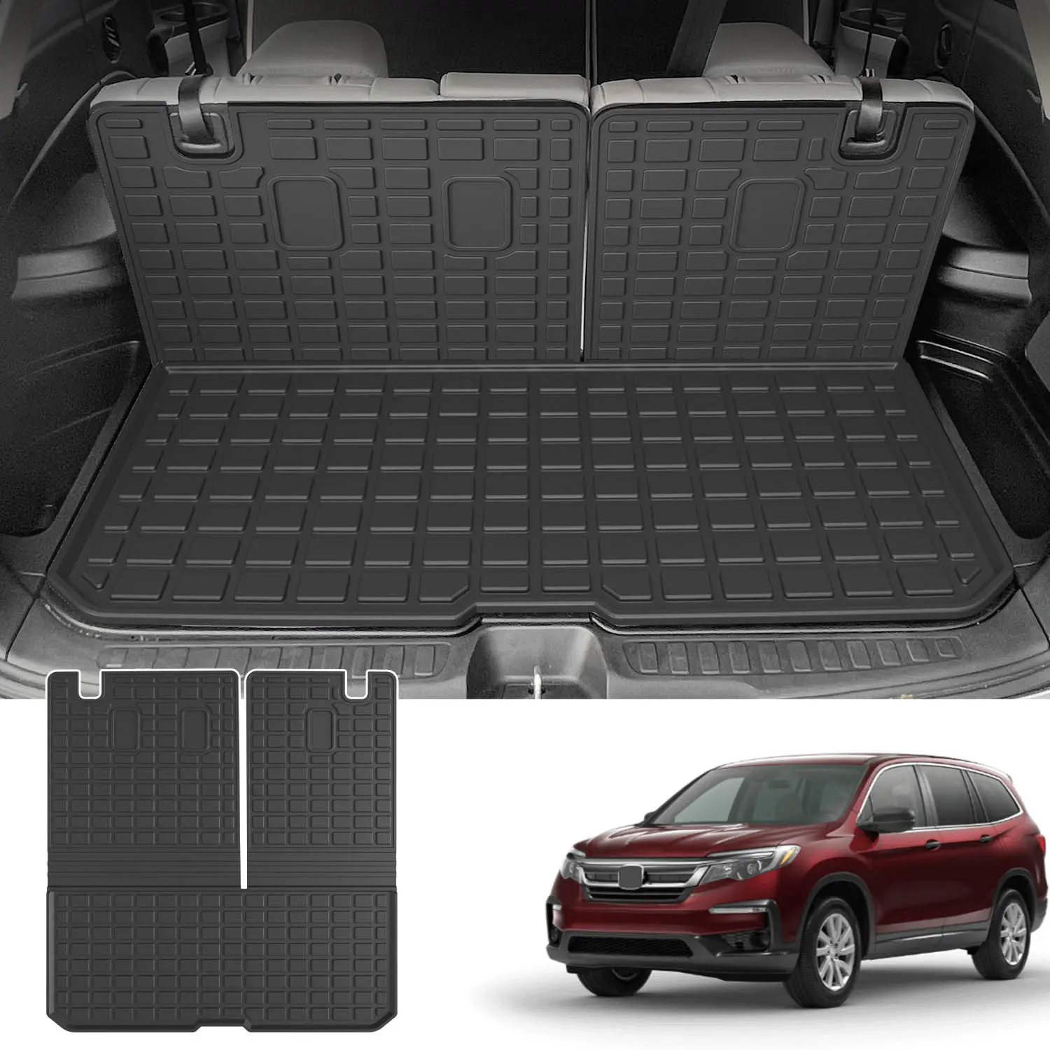 [Fits 16-25 Pilot] Cargo Mat Compatible with 2016-2025 Honda Pilot (No Elite) Trunk Mat with Backrest Mat TPE Cargo Liner Trunk Liner Replacement for 2016-2025 Honda Pilot Accessories (Trunk Mat with Backrest Mat)