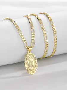 Luxurious Vintage Unisex Virgin Mary Pendant Necklace, Copper Plated 14k Gold Cuban Link Chain, Oval Cubic Zirconia, Elegant Religious Gift, Faith Style Necklaces