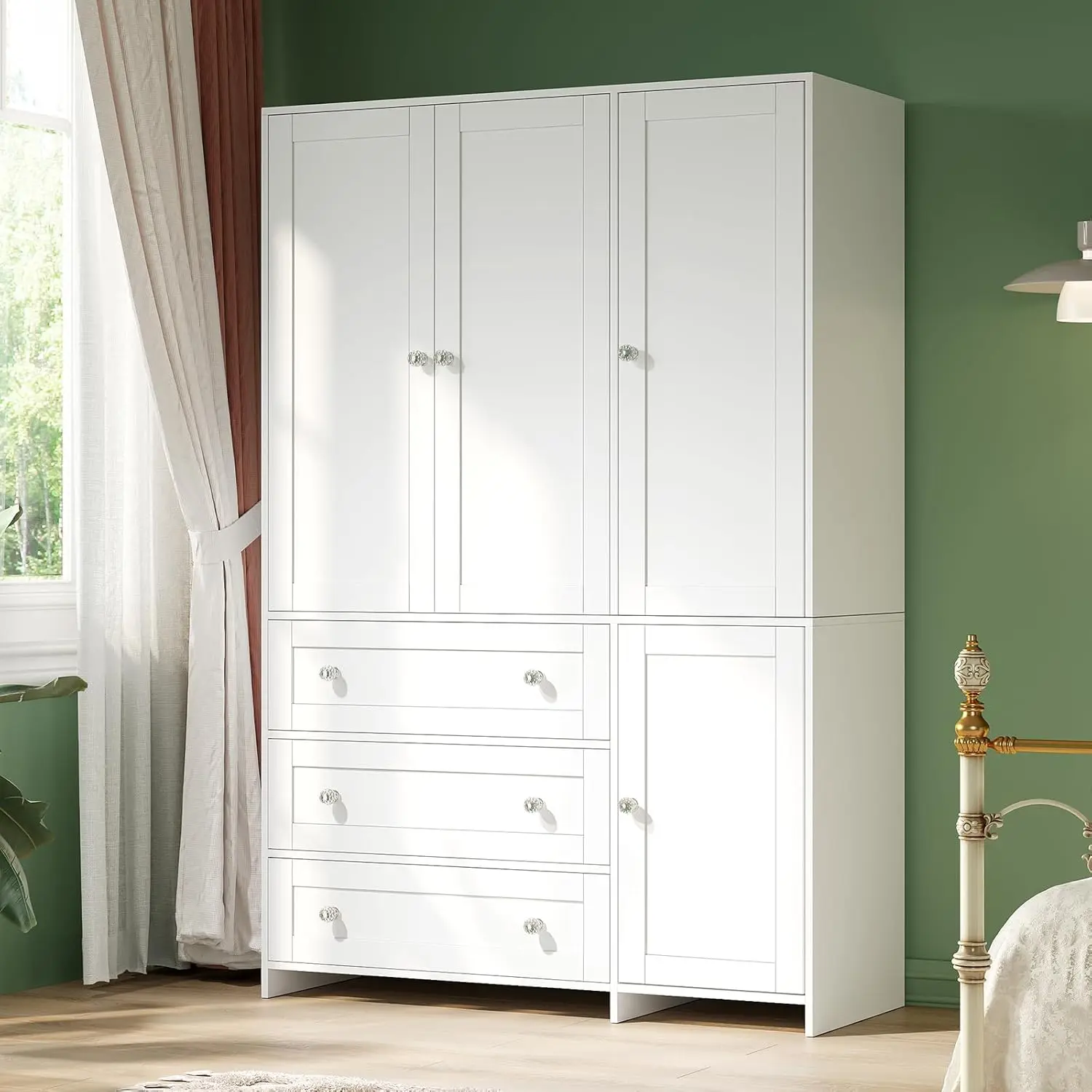 VOWNER 71" Sturdy Wooden Freestanding Wardrobe Armoire - 4-Door Storage Furniture with Hanging Rod, Drawers, Built-in Mirror, Compartmentalized Closet Storage for Bedroom Accessible Wardrobes