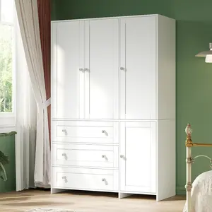 VOWNER 71" Wooden Freestanding Wardrobe Armoire - 4-Door Storage Furniture with Hanging Rod, Drawers, Mirror, Large-Capacity Indoor Bedroom Furniture
