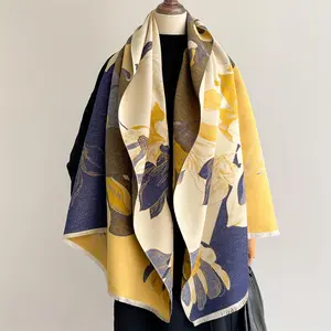 Women's Cashmere Scarf Thickened Winter Warm Beige Navy Blue Floral Jacquard Golden-Tone Mustard Yellow Brown Luxury Elegant Soft Shawl Wrap for Christmas Gift Parties Travel Hand Wash Dry Clean