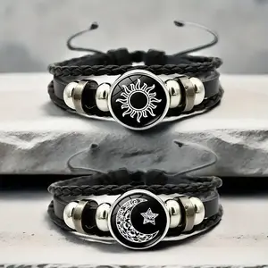 2-Piece Set Glow in the Dark Sun and Moon Punk Couple Bracelets, Multilayer Weave PU Leather Wristbands with Artificial Crystal for Men and Women, Daily Wear, Valentine's Gift - No Plating