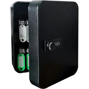 Wall Mounted Key Lock Box - Combination Lock, Hooks & Tags for 20 Keys, Steel Security Organizer (Black)