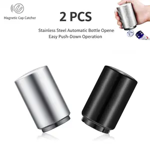 2Pcs Premium Beer Bottle Opener (Silver&Black), Stainless Steel Push Pull Cap Catcher, Metal Reflective Design, Automatic Beer Opener for Easy Use to Bar,Parties, Picnic Camping. unique gift