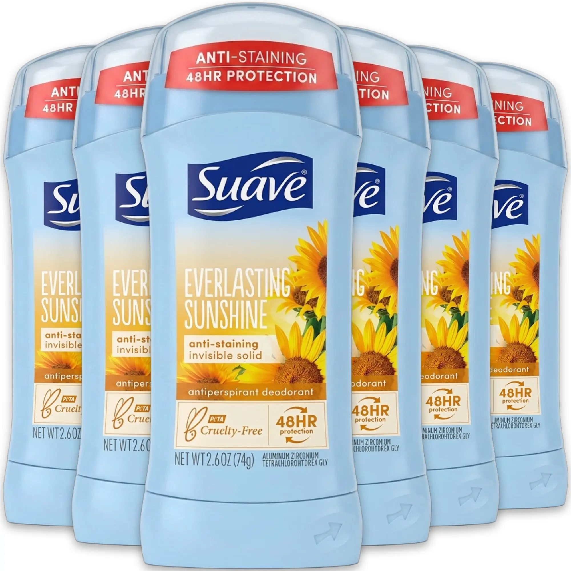 Suave Women's Everlasting Sunshine Antiperspirant Deodorant - Smooth, Cruelty-Free, 48HR Odor Protection, Non-Staining Invisible Solid Stick, Fresh Sunflower Scent, 2.6 oz Glide-On Work-Ready Full-Size Underarm Body Care Blend