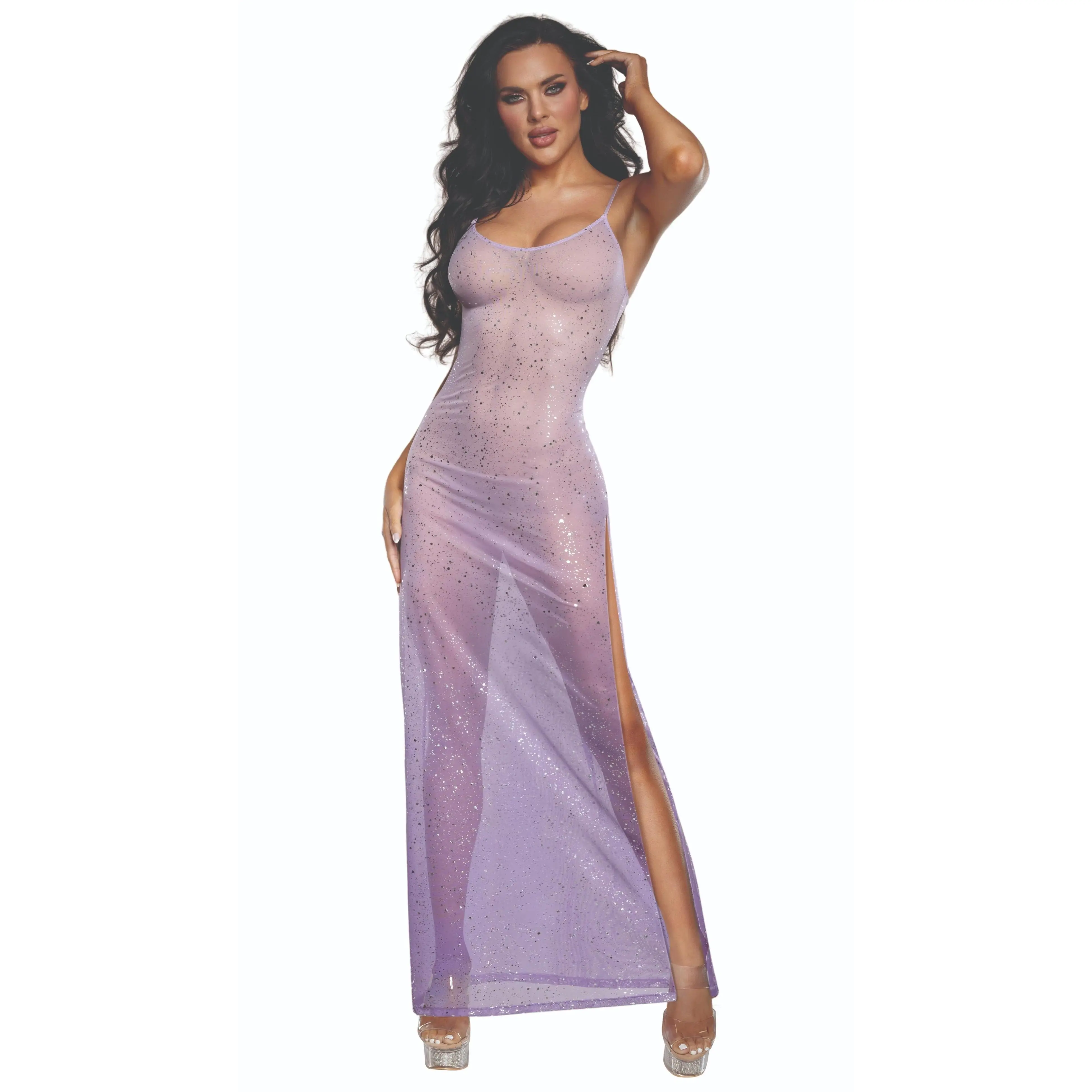 Lilac Ombré Shimmer Gown, Sheer Glitter Mesh Sleeveless Formal Wear with Adjustable Straps & Leg Slit, Women, Gown Dress, Floor Length, Sheer Look, Strappy, Clothes