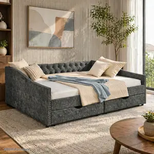 Queen Size Upholstered Daybed - Mid-Century Upholstered Couch with Button Tufting, Waved Arms with Copper Nails, Drawers, 84.5"x63.5"x26.5" 80x60" Grey Living Room Furniture for Decor, Furniture Living Room