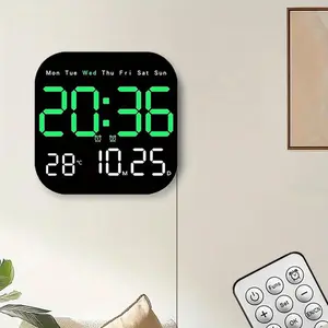 Smart digital living room wall clock, 7.28in*7.28in with remote control, LED wall clock, calendar, time and temperature display, Valentine's Day gift, LED alarm clock, digital clock decoration.