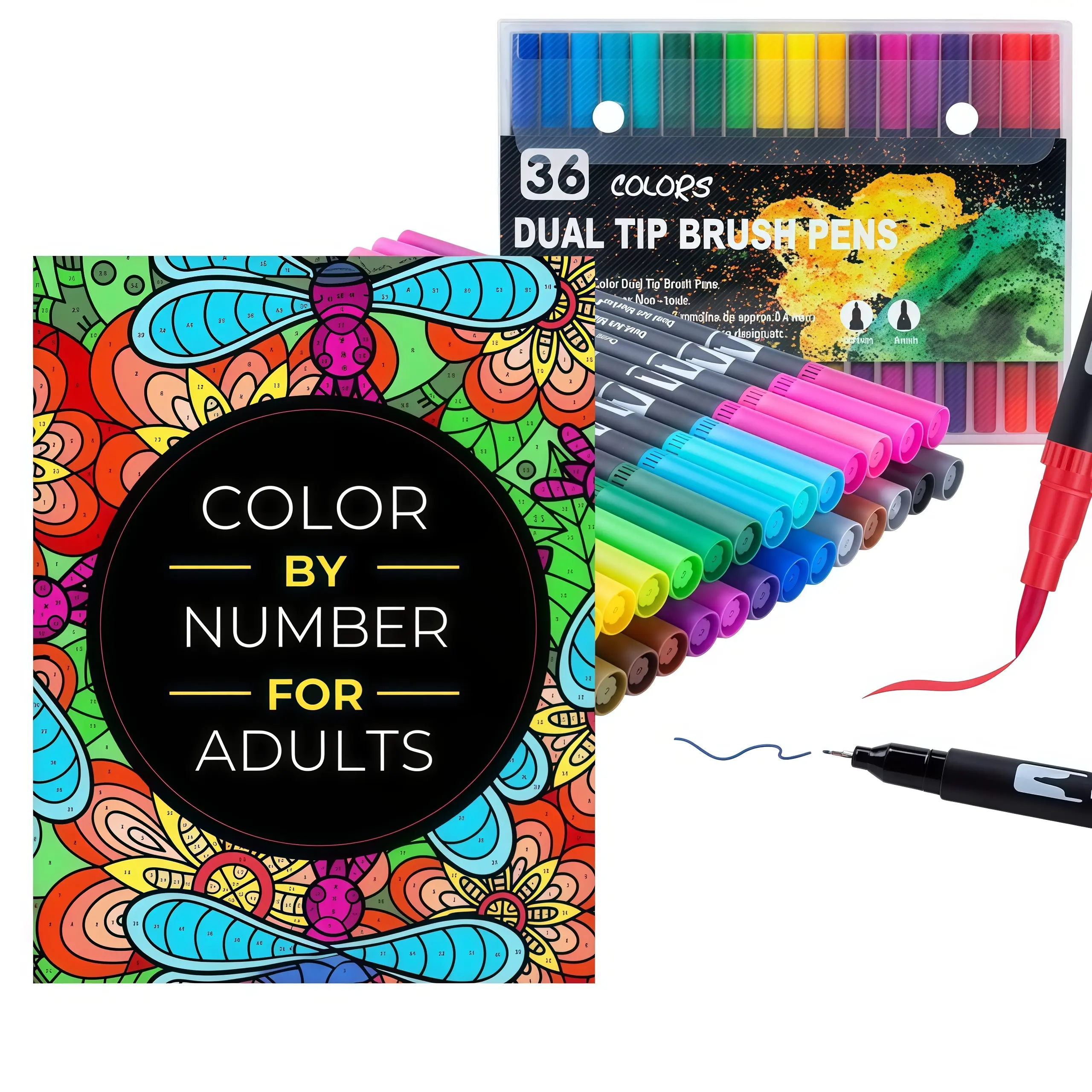 Color By Number Art Book Set with 36-Color Dual-Tip Markers, 75 Stress-Relief Pictures for Adults - Flowers, Animals, Mandalas (Arts & Crafts Drawing Book)