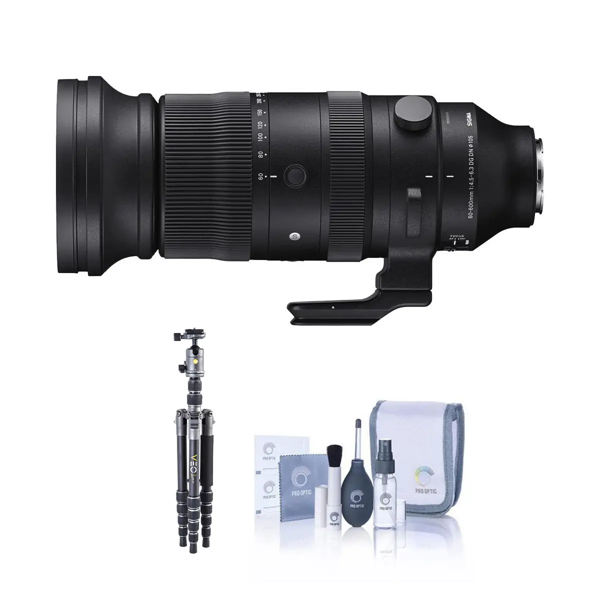Sigma 60-600mm f/4.5-6.3 DG DN OS Sports Lens for Sony E, Bundle with Vanguard VEO 3 GO 235AB 23mm 5-Section Aluminum Travel Tripod with T-50 Ball Head, Cleaning Kit