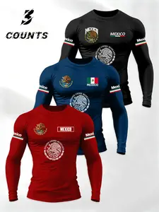 Men's 3-Piece Regular Fit Round Neck Long Sleeve T-Shirt Set, Mexican Emblem Totem Cultural Letter Print, Casual Classic Fashion Style, Comfortable Daily Wear, Casual Tee Tops