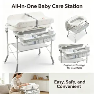 2in1 Baby Bathtub with Changing TableWaterproof Portable Diaper Changing Station, Adjustable Height Organizer with Storage for Newborns&Toddlers