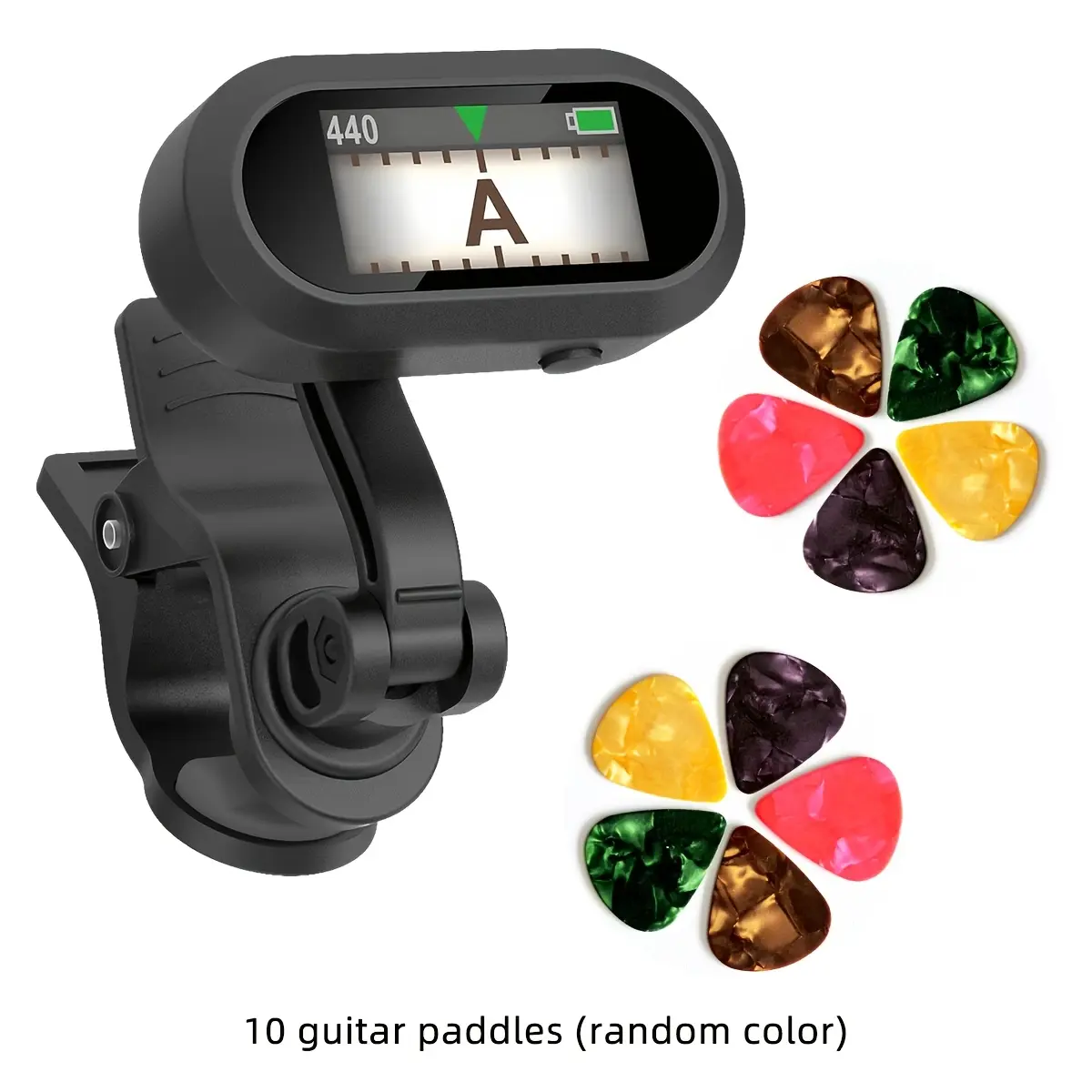 Clip On Rechargeable Guitar Ukulele Tuner, Chromatic Headstock Tuner with Clear TFT Screen, Fast Accurate Tuning, Pitch 410-460Hz, Works in All Lighting, Comes with 10 Pcs Guitar Picks