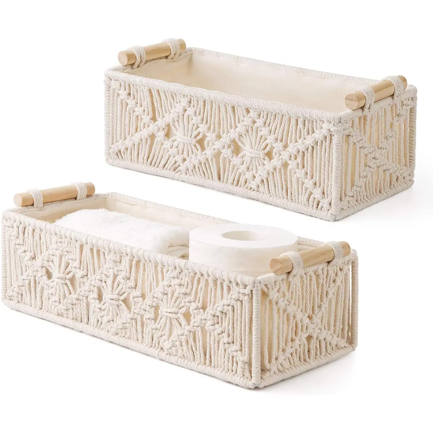 2-Piece Ivory Handmade Macrame Decorative Storage Basket Set - Artisan Magazine & Newspaper Holders, Boho Home Decor, Baskets for Organizing Bedroom Countertop & Toilet Tank Shelf