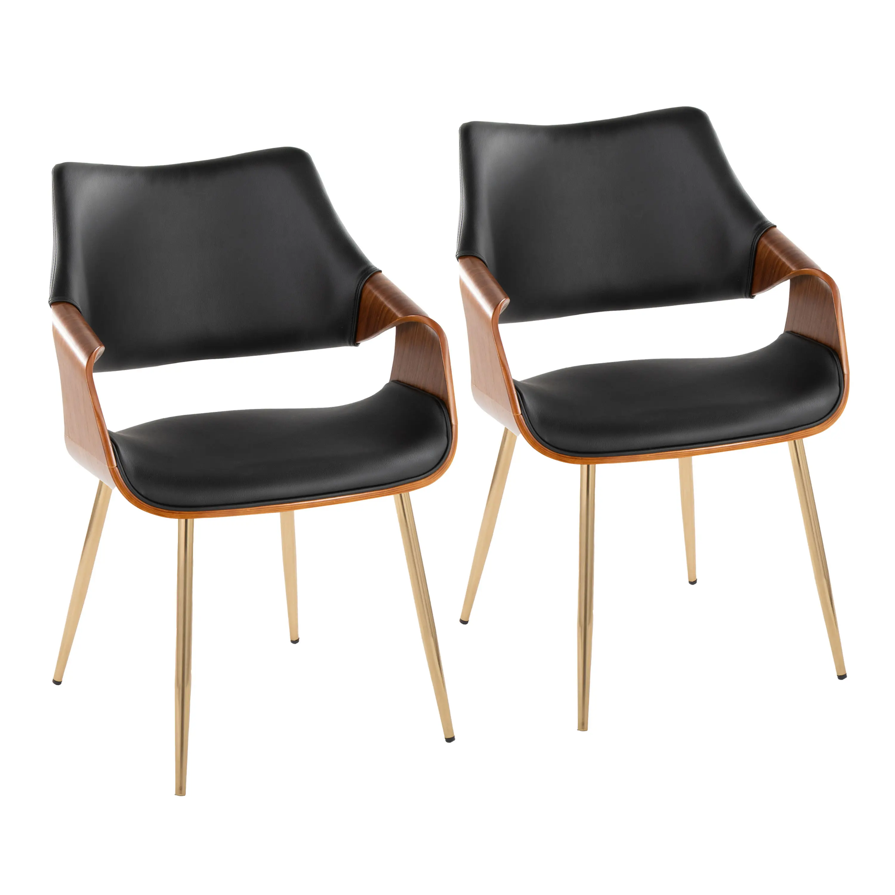 Set of 2 Chairs with Gold Metal Frame, Walnut Wood Accents, and Black Faux Leather Upholstery
