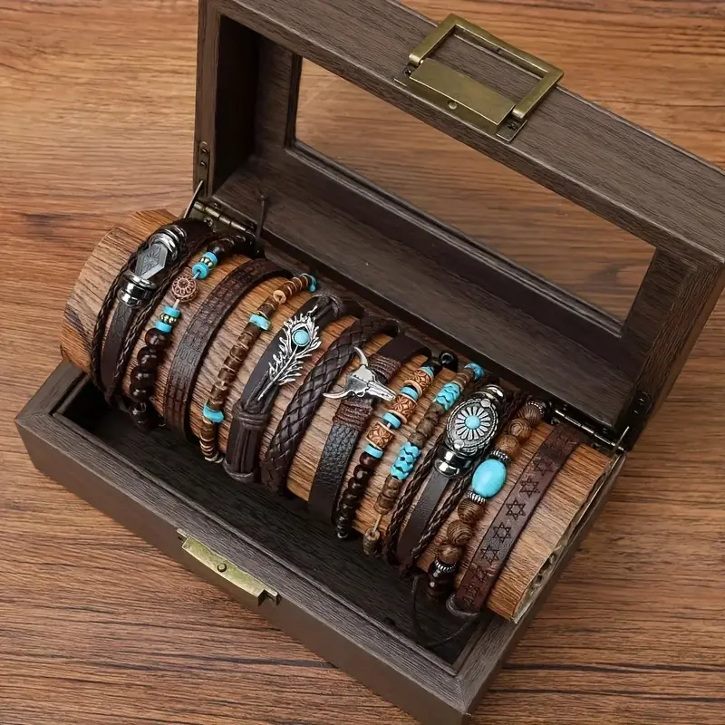 12Pcs Handwoven PU Leather Braided Bracelets, Unisex Arm Candy Set with Feather, Horn & Turquoise Charms, Matching Couple Thanksgiving Gift, Matching Couple Bracelets, Bull Horn, Fashion, Jewelry With Turquoise Stone, Daily Wear, Braided Look, Feather Cha