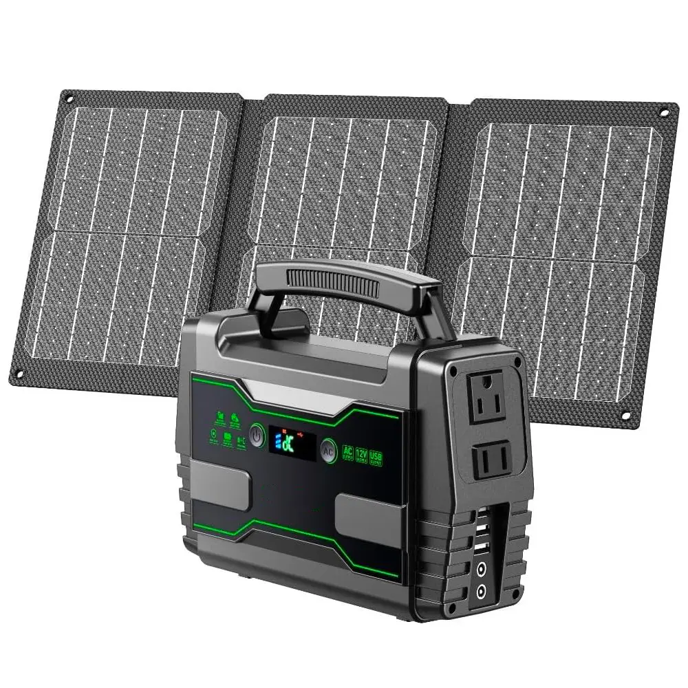 【Father's Day Gift】100W Solar Generator with 30W Solar Panel 42,000mAh Power Bank with 2 AC Outlets 150W Surge AC Output 7 Versatile Output Ports 3 USB 2 DC Ports Built-in LED with SOS modes for Camping Music Festivals Lithium Ion Battery
