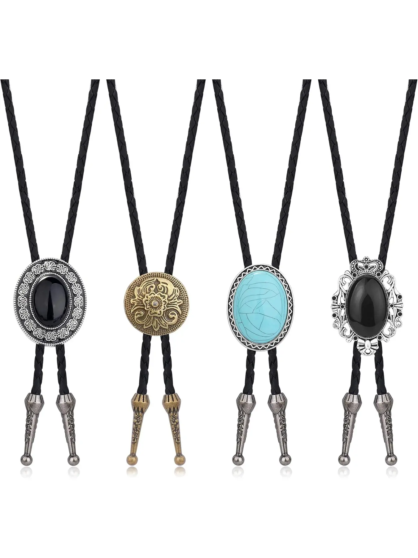 4Pcs Bolo Tie for Men Western Cowboy Handmade Totem Element Leather Necktie Necklace Halloween Costume Accessories Casual Boho Tie