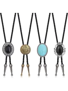 4Pcs Bolo Tie for Men Western Cowboy Handmade Totem Element Leather Necktie Necklace Halloween Costume Accessories Casual Boho Tie