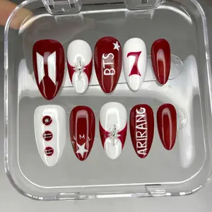 2026 Comeback BTS Arirang Album Press on Nail, Kpop Inspired BTS Red and White Glossy Nails
