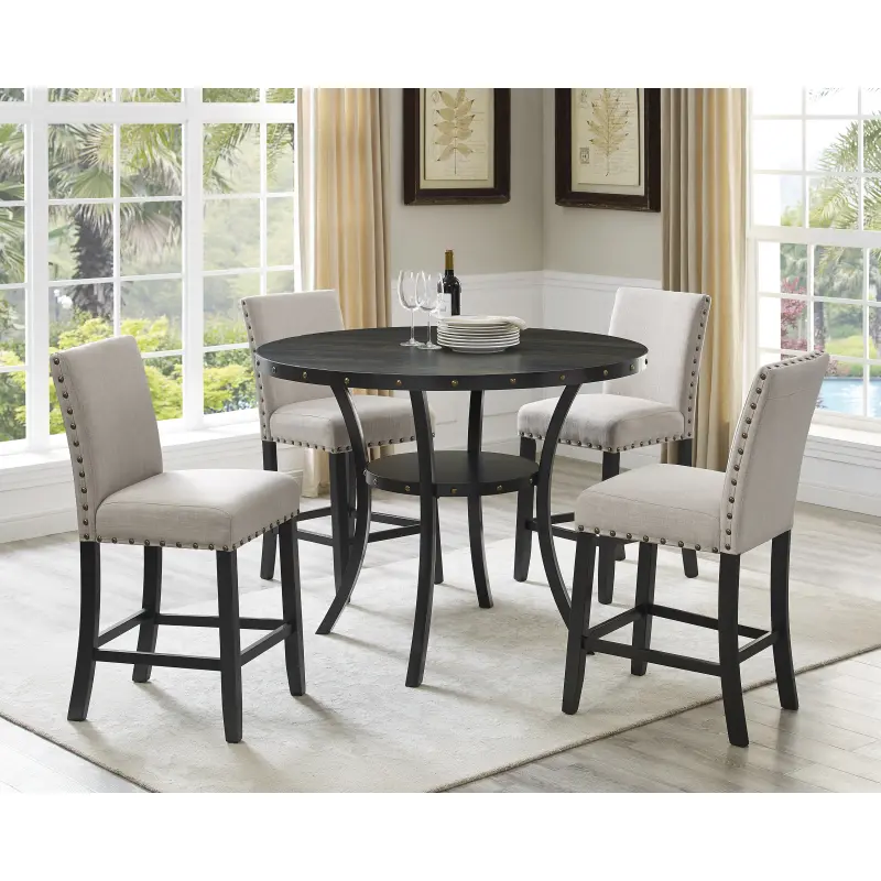 [Bellawave] （5-piece set）biony espresso wood counter height dining set with tan fabric nailhead stools